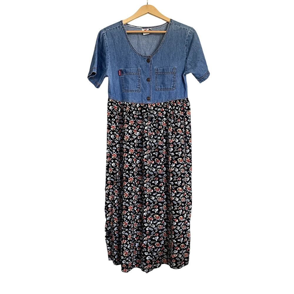 Vintage 90s No Boundaries Button Down Floral + Denim Babydoll Dress Med Grunge